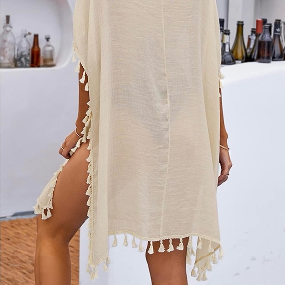 CUPSHE Women's Tassel Kaftan Cover Up Round Neck Half Sleeves Midi Mesh OS Beige - Picture 2 of 8